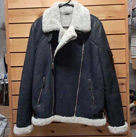 Leather Shearling Moto Bomber Jacket Size L - Picture 2 of 12